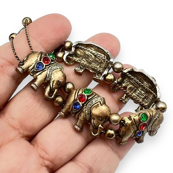 Vintage Brass & Mogul Red/Blue/Green Rhinestone Elephant Charm Slide Bracelet - Picture 7 of 9